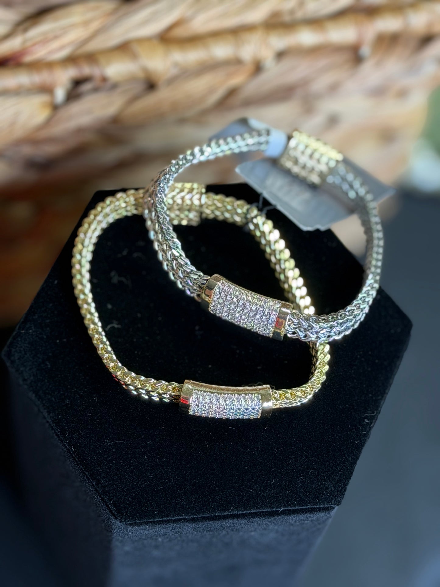 Gold and silver bracelets with magnetic closure and pavé charm