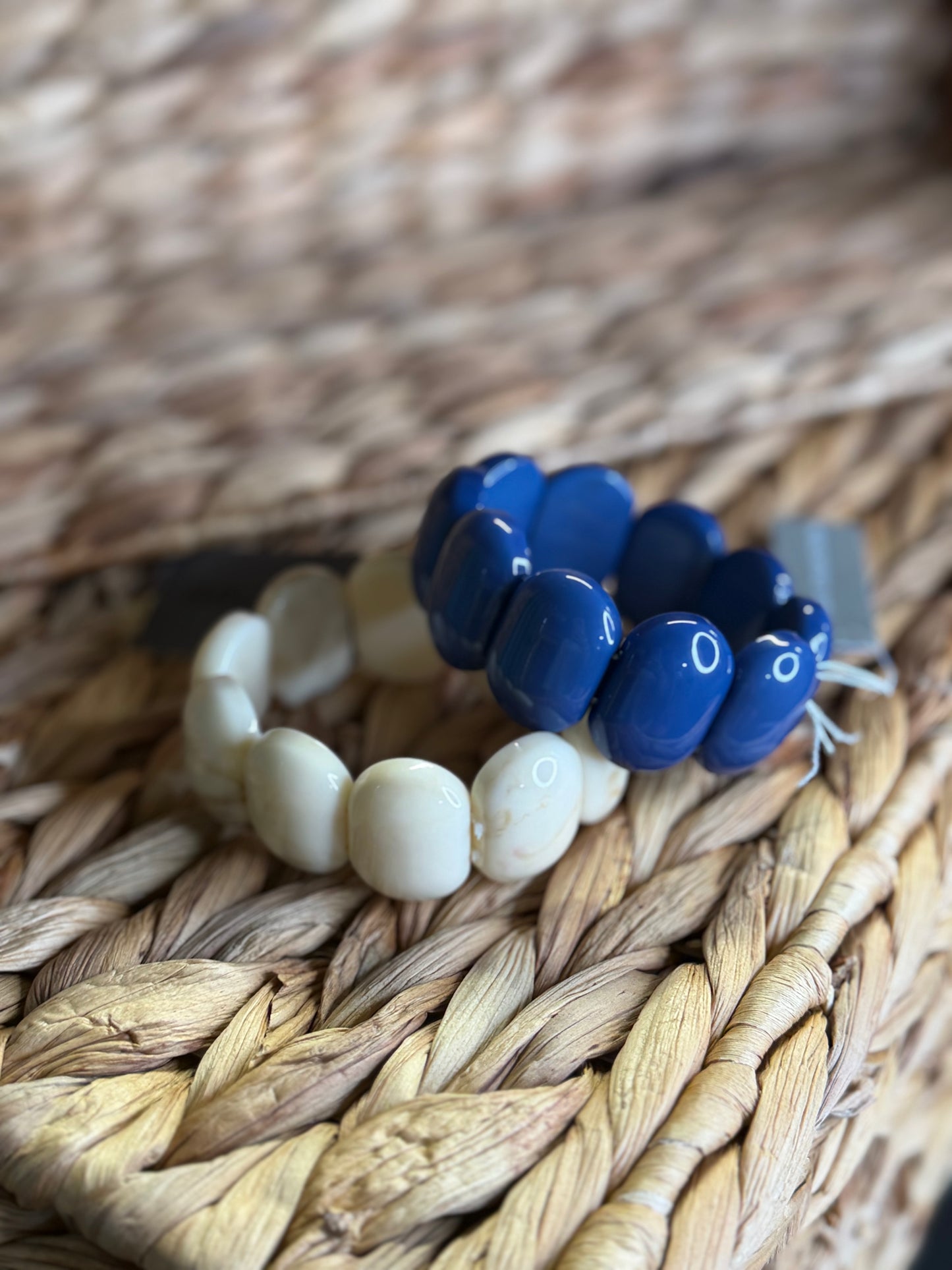 Tan and navy blue stretchy bracelets