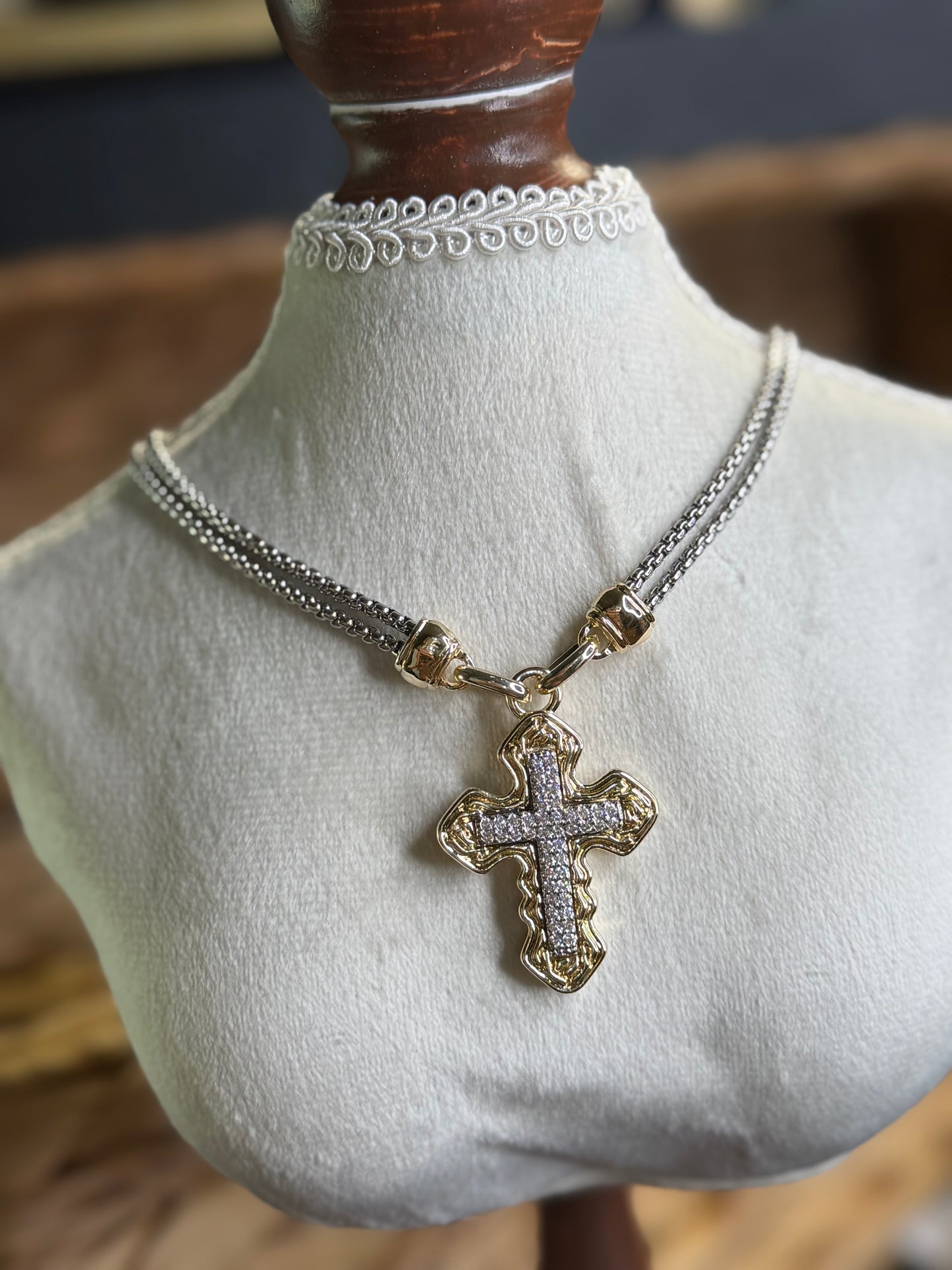 2 tone necklace with pavé CZ cross