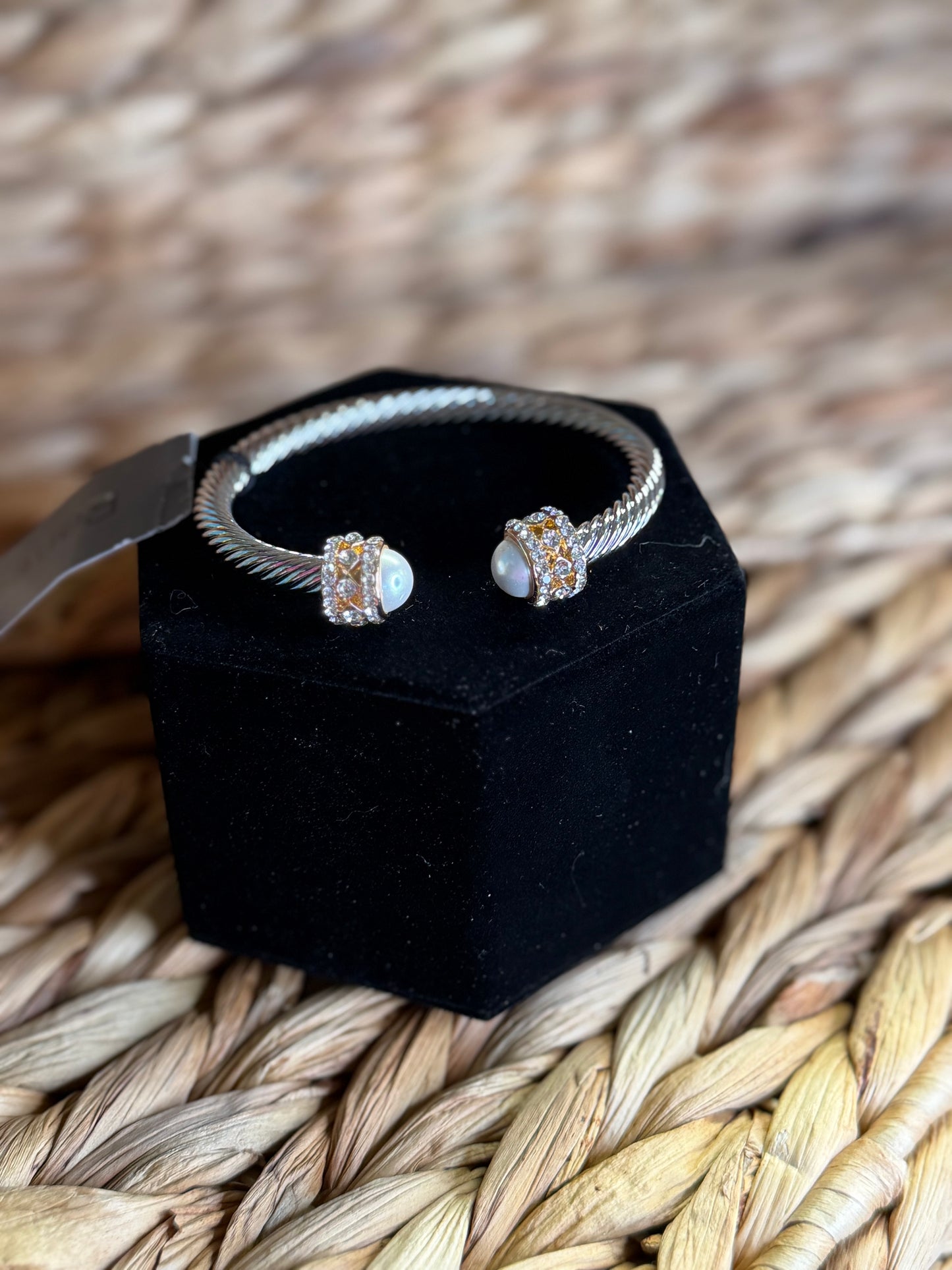 2 tone cuff bracelet with diamonds and pearls