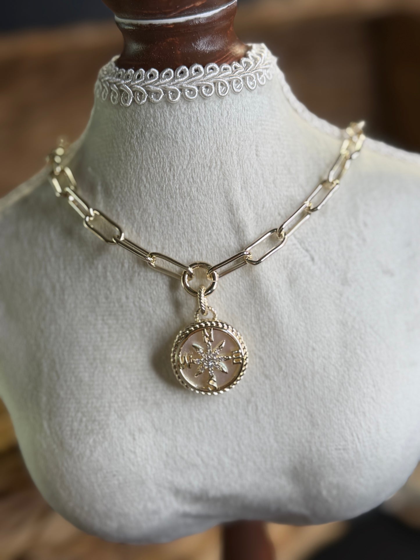 Gold paper clip necklace with pavé
