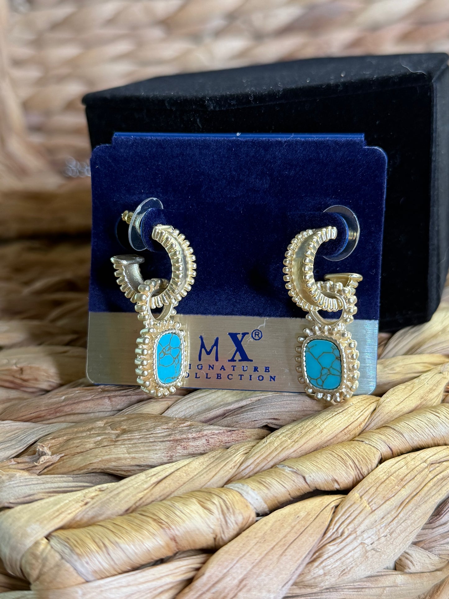 Gold hoop earrings with turquoise/brown stone