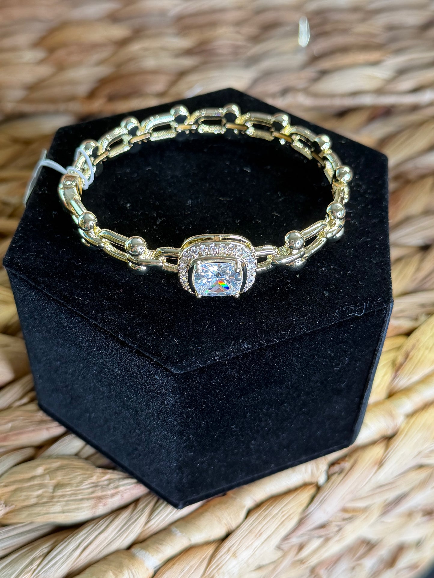 Gold hinge bracelet with square crystal