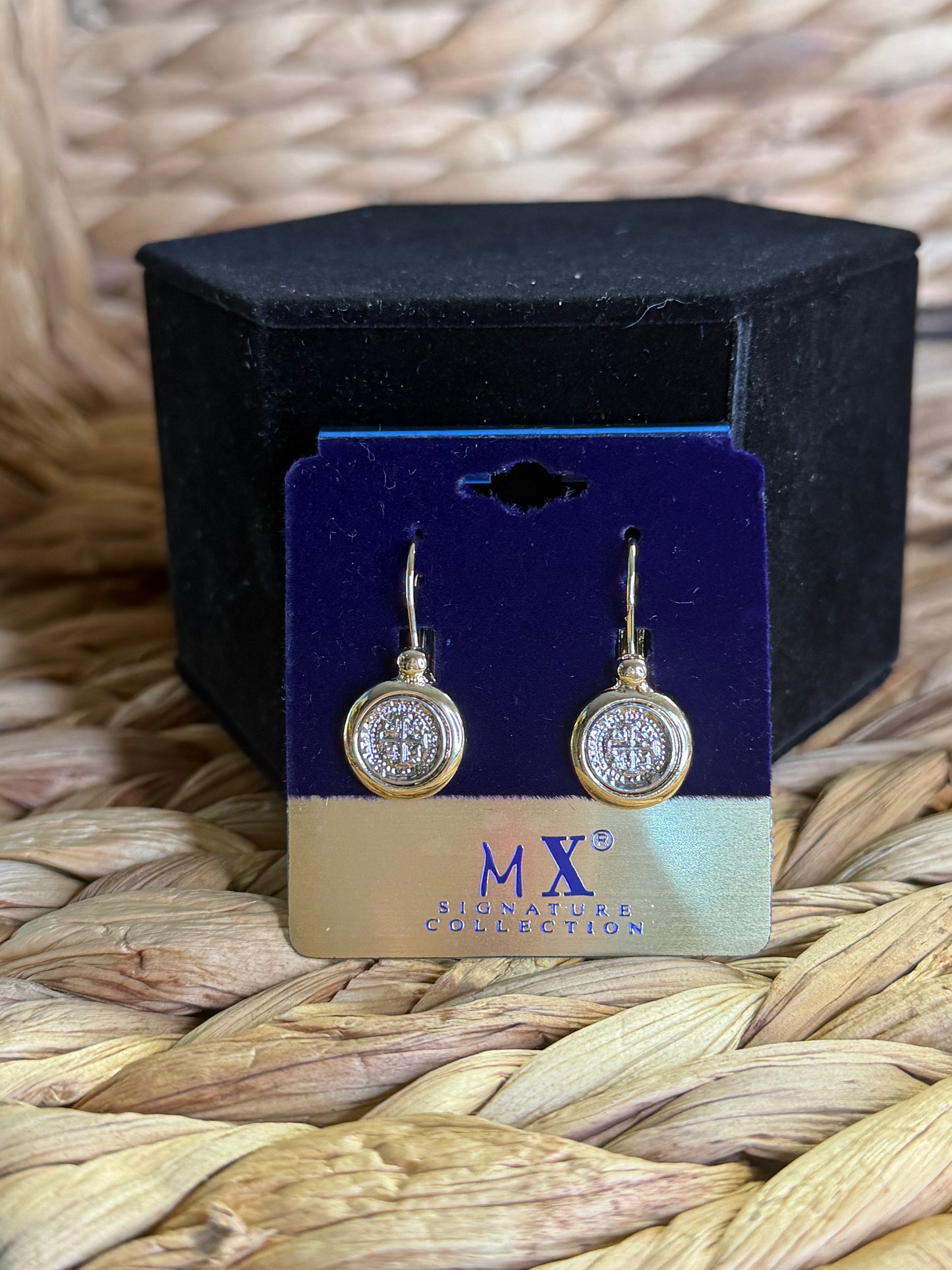 2 tone round earrings with silver cross