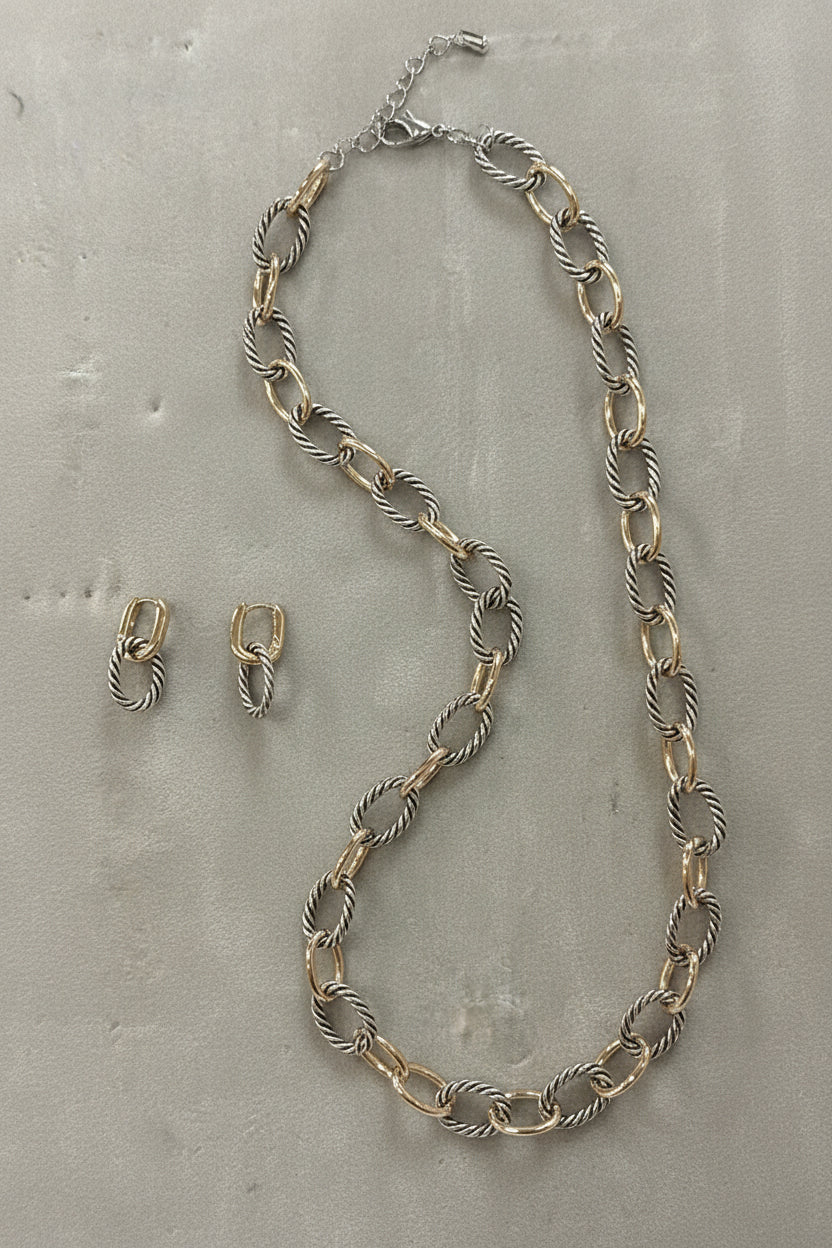 Two-Tone Twisted Link Necklace & Earring Set