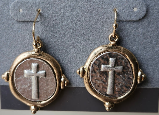 Two-Tone Cross Medallion Drop Earrings
