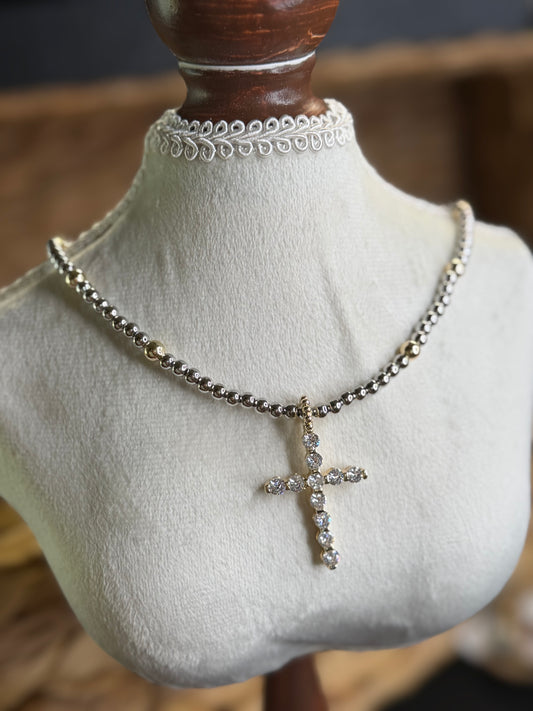 2 tone beaded necklace with CZ cross