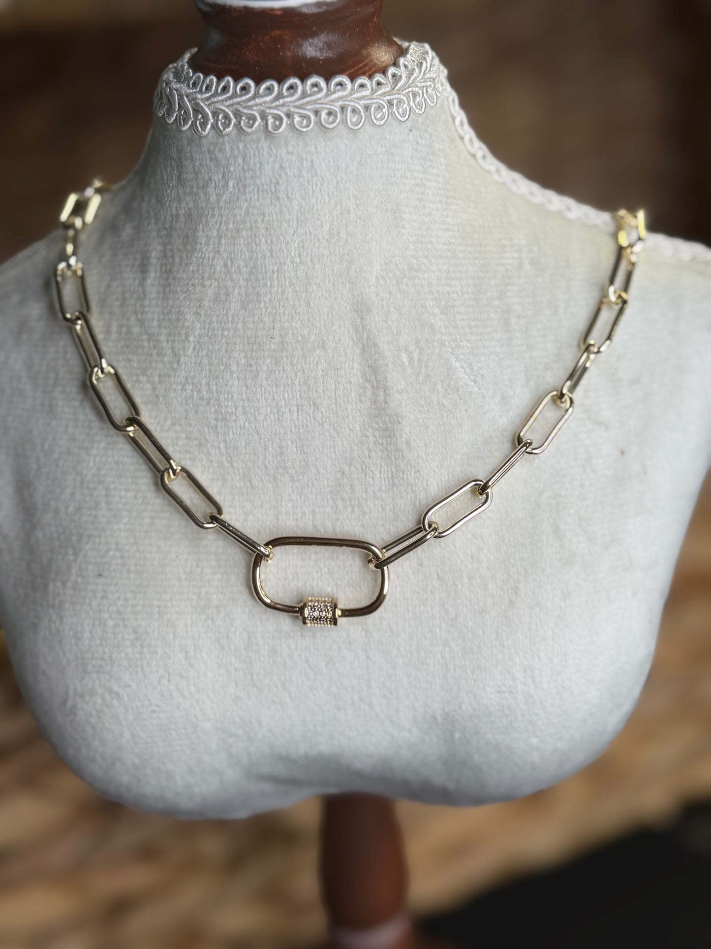 Gold paperclip necklace with carabiner