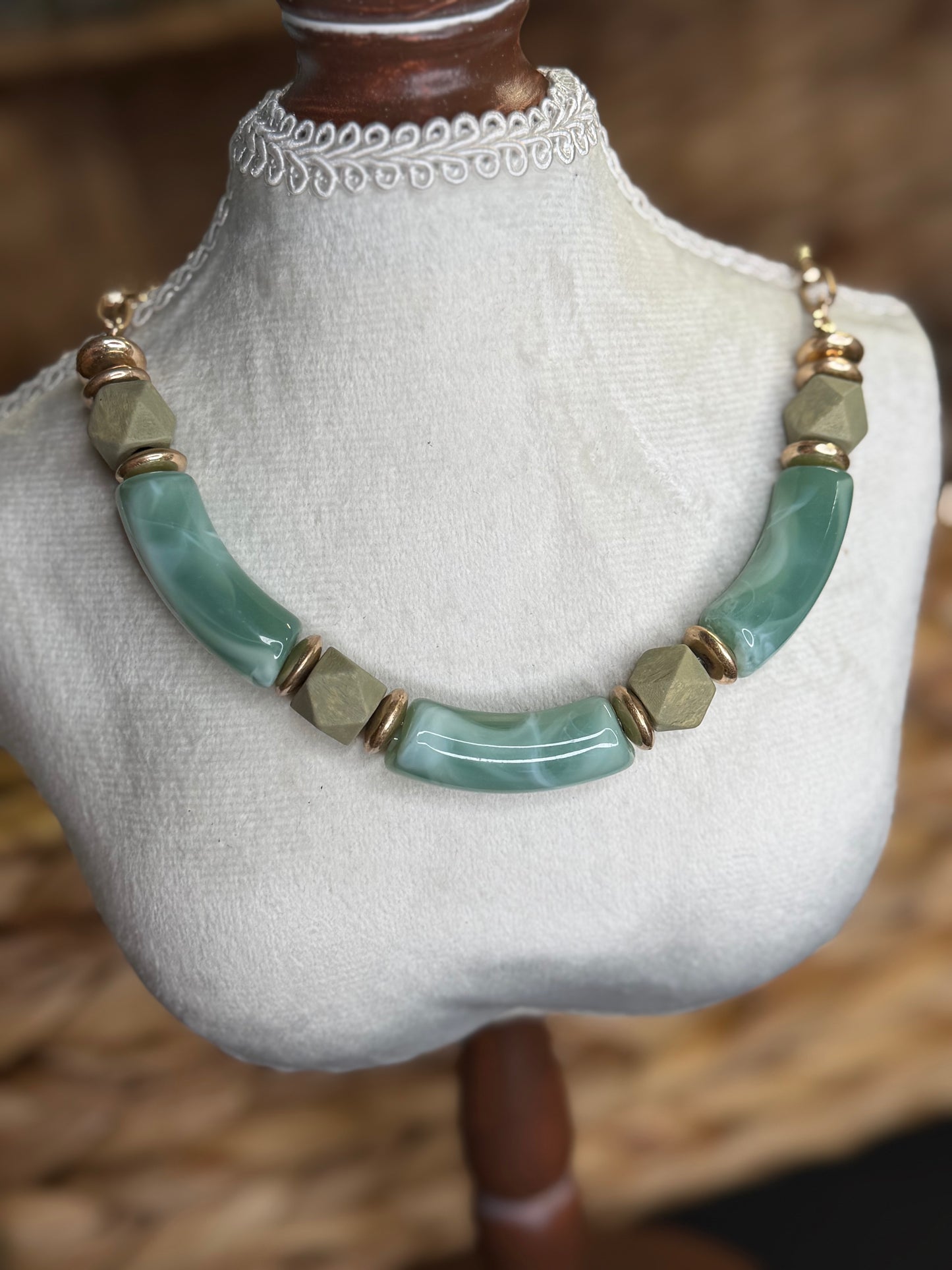 Gold necklace green acrylic and wood beads