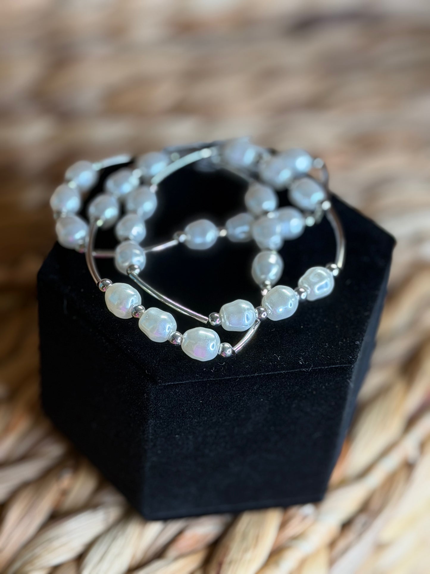 3 stretchy silver bracelets with beads and pearls