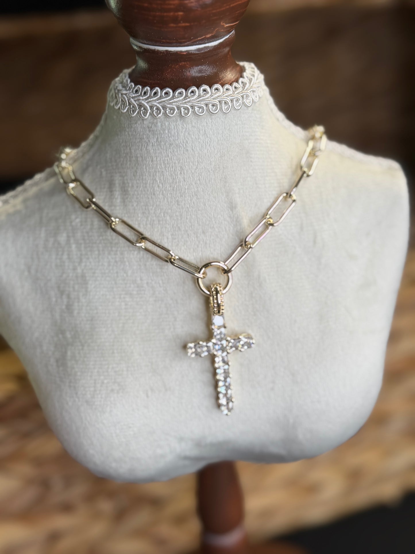 Gold paperclip necklace with CZ cross
