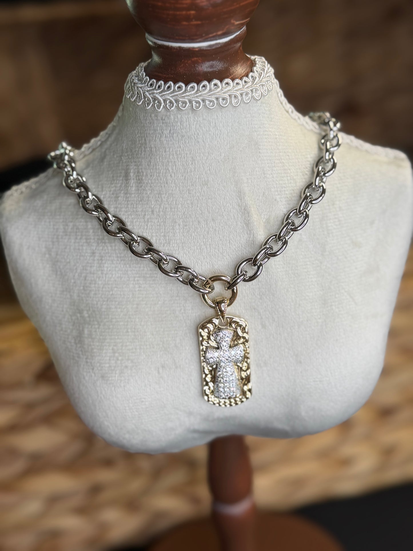 2 tone necklace with pavé CZ cross
