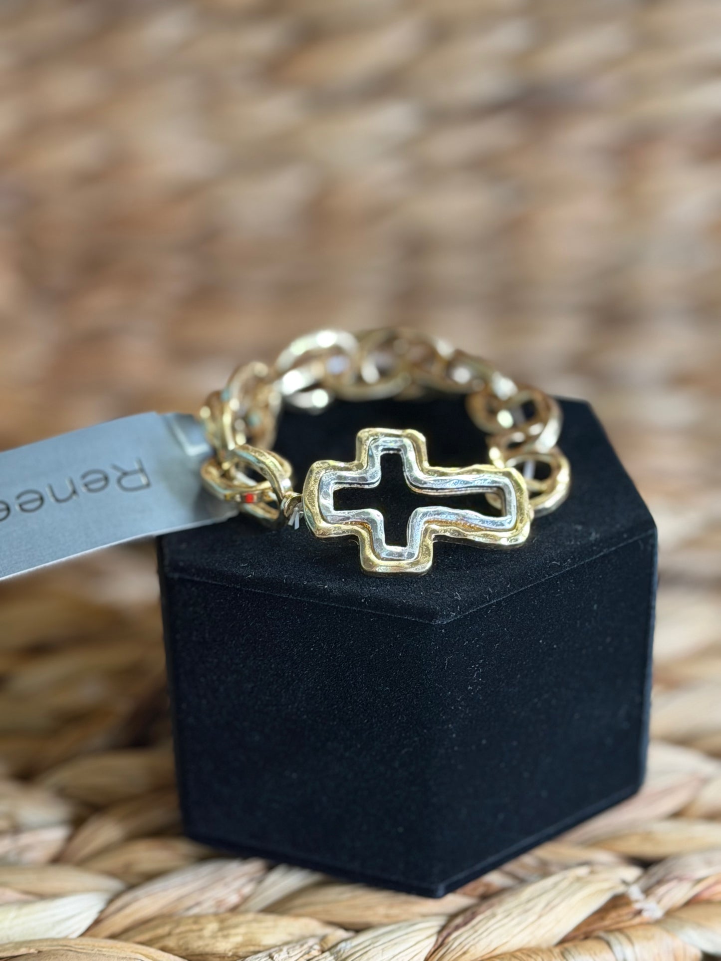 Stretchy 2 tone chain bracelet with cross