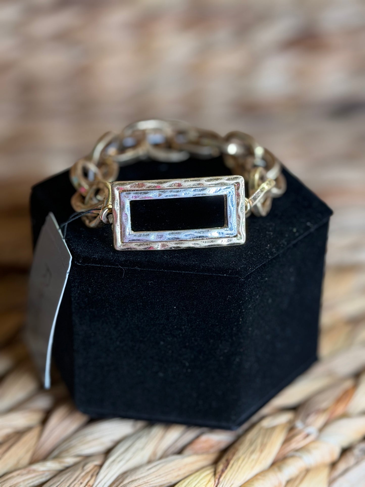 Stretchy gold chain bracelet with 2 tone rectangle middle piece