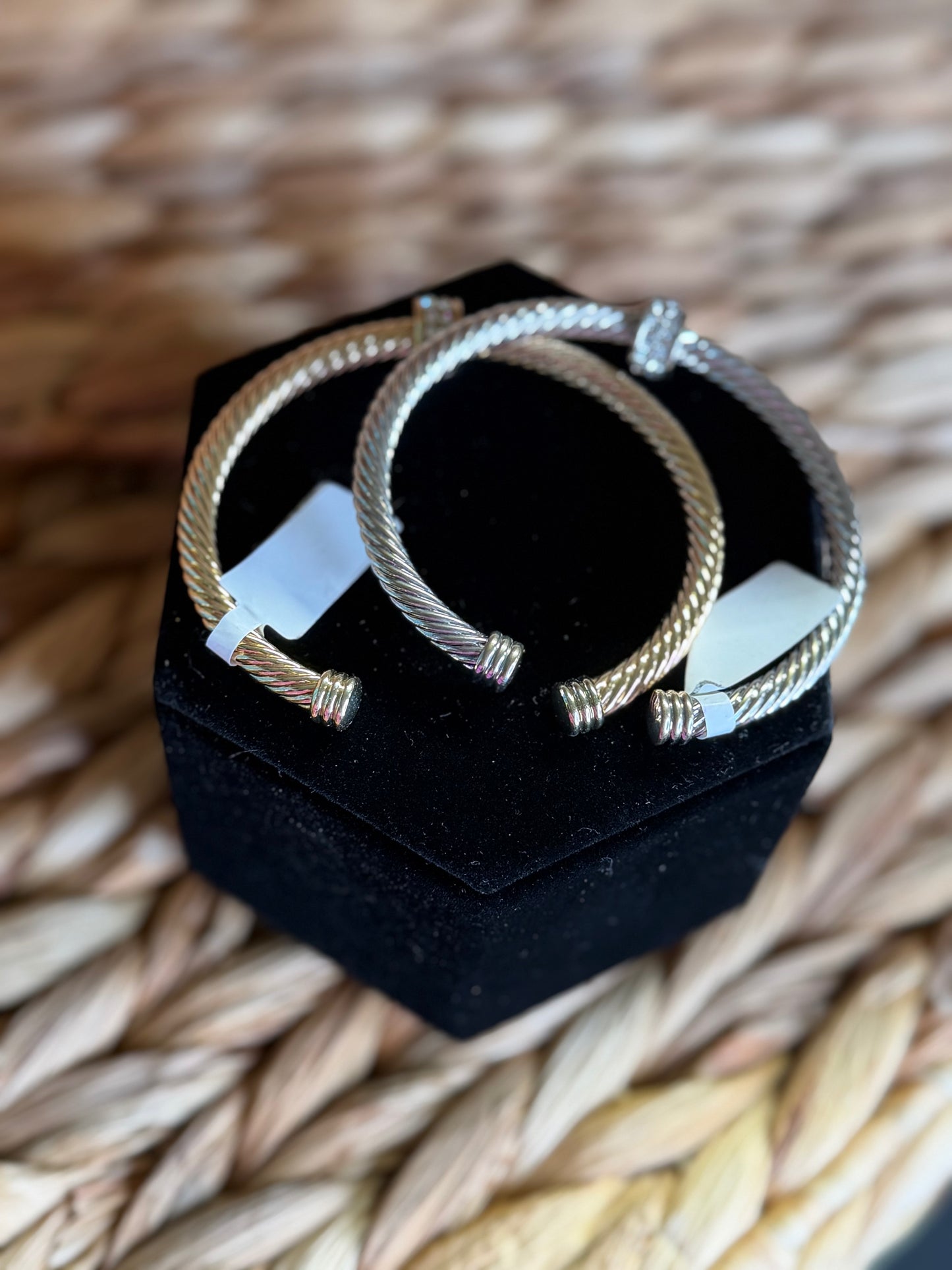 Gold and silver cuff bracelets with diamond piece