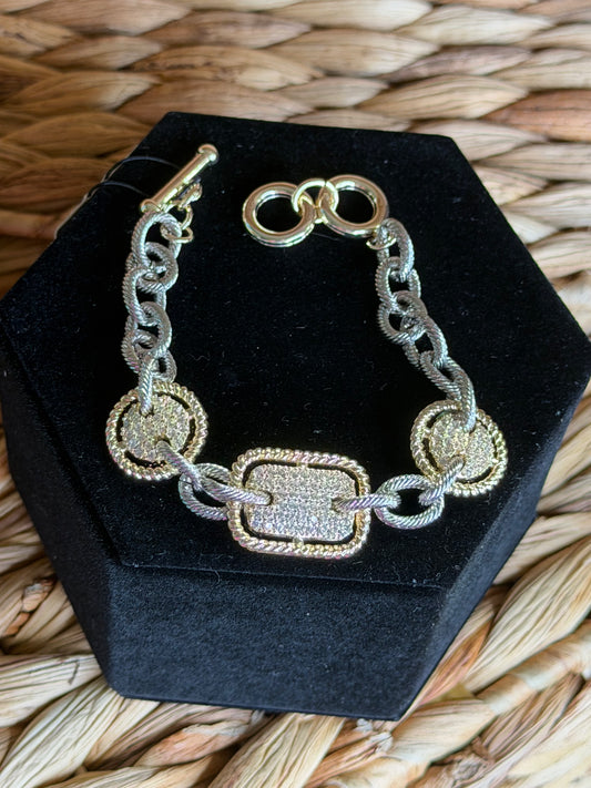 2 tone chain bracelet with pavé and toggle closure