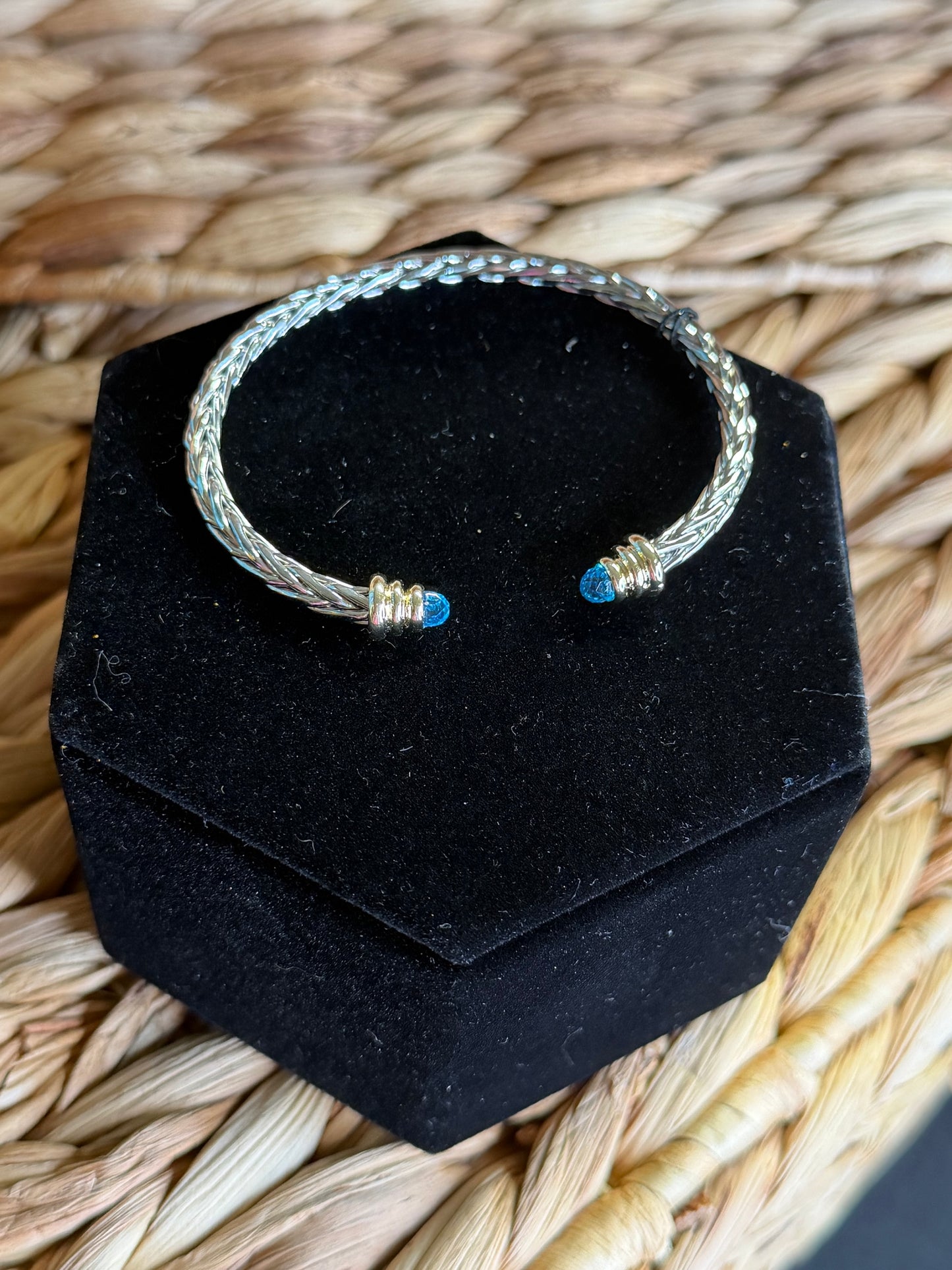 2 tone cuff bracelet with blue center stones