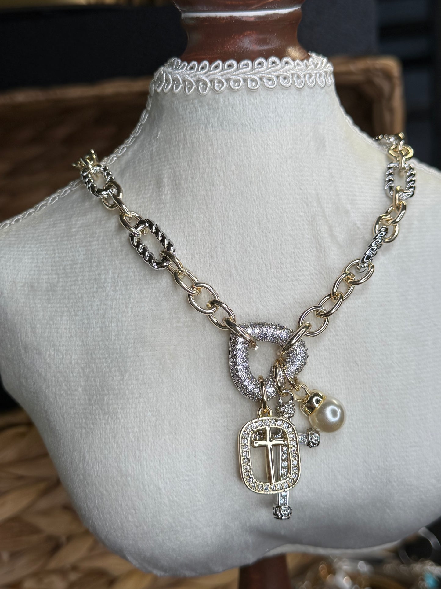 2 tone link necklace with pavé cz and  heart and cross charms
