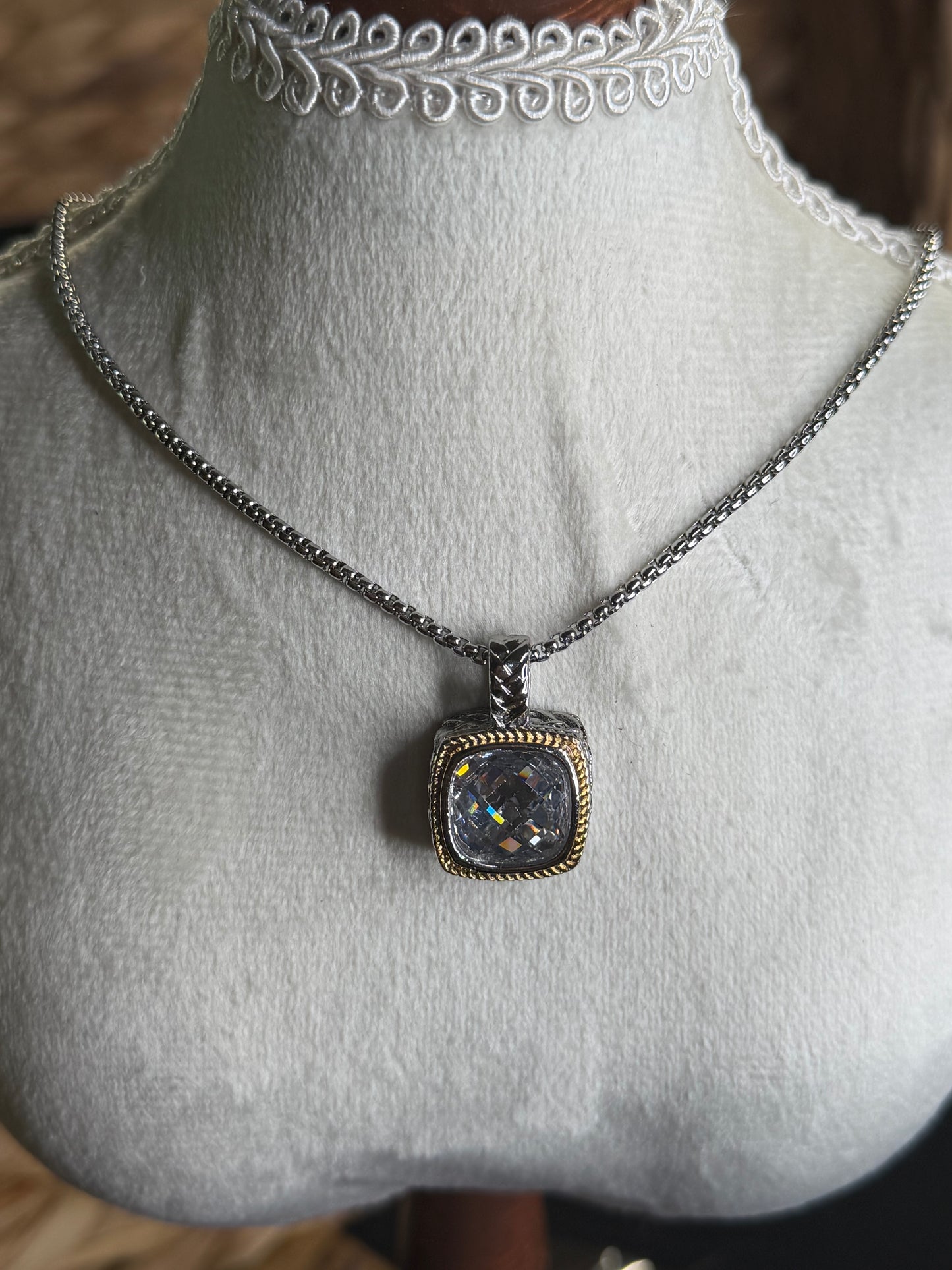 2 tone necklace with square CZ
