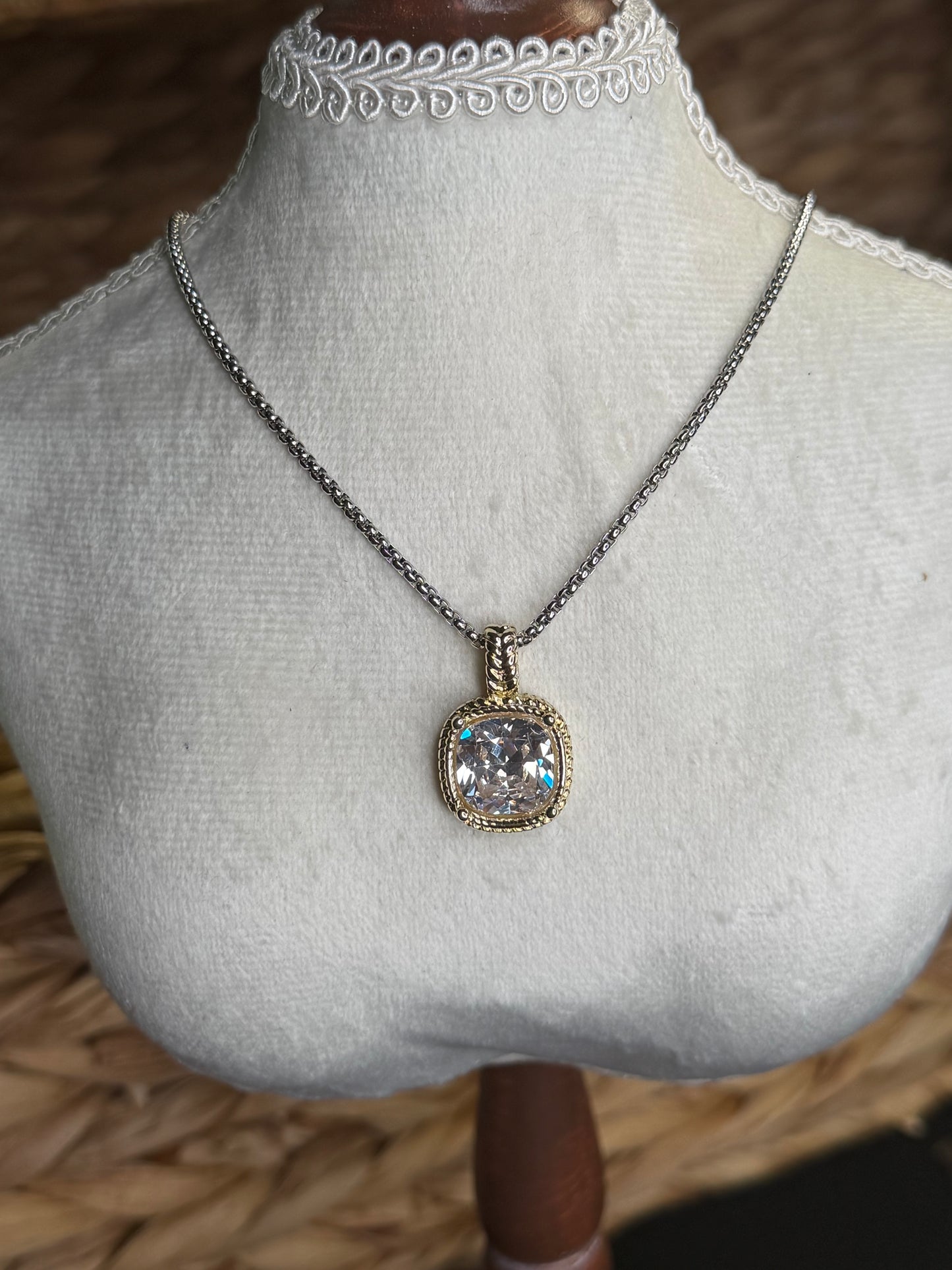 2 tone necklace with square crystal