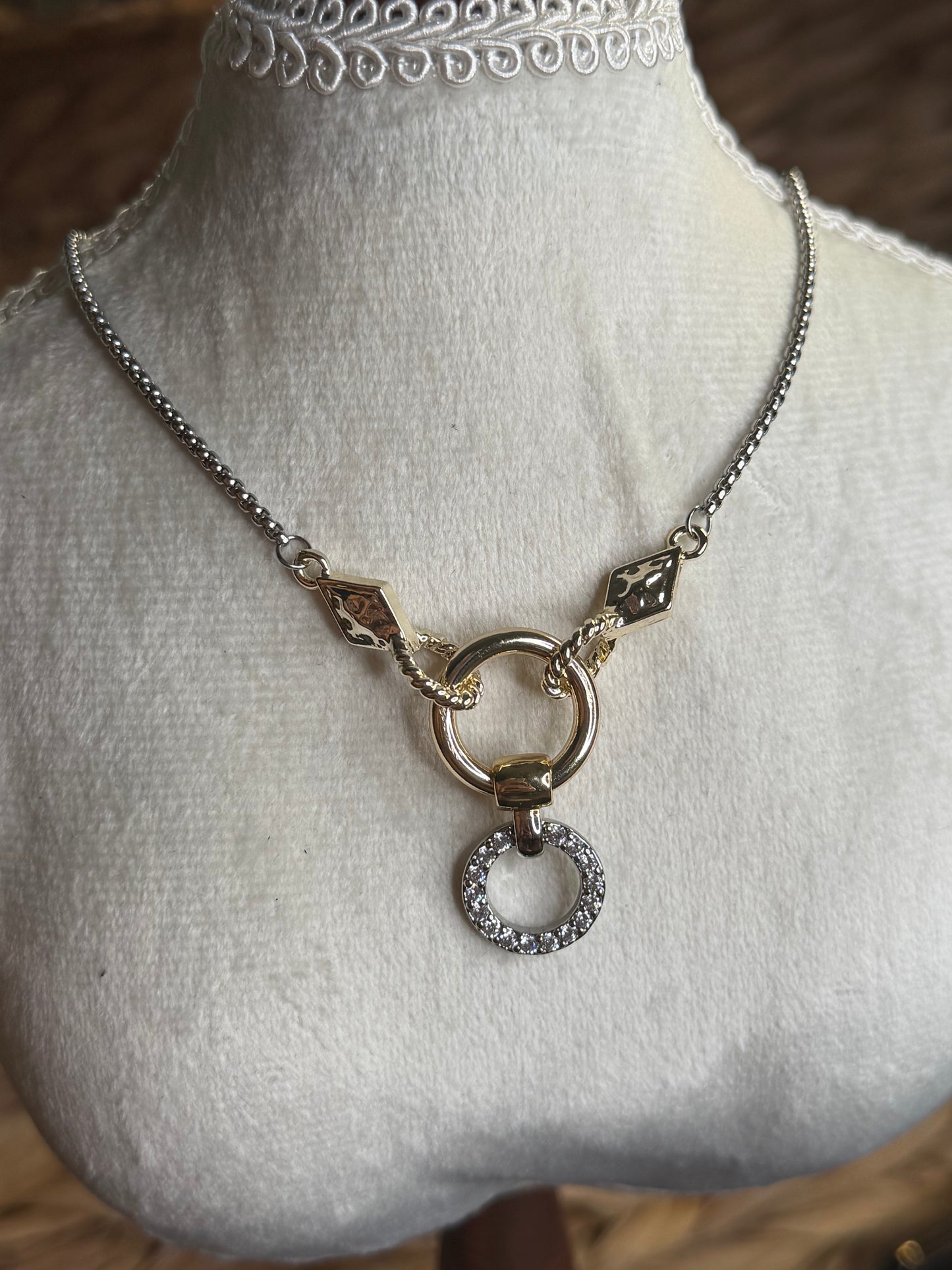 2 tone necklace with silver pavé circle