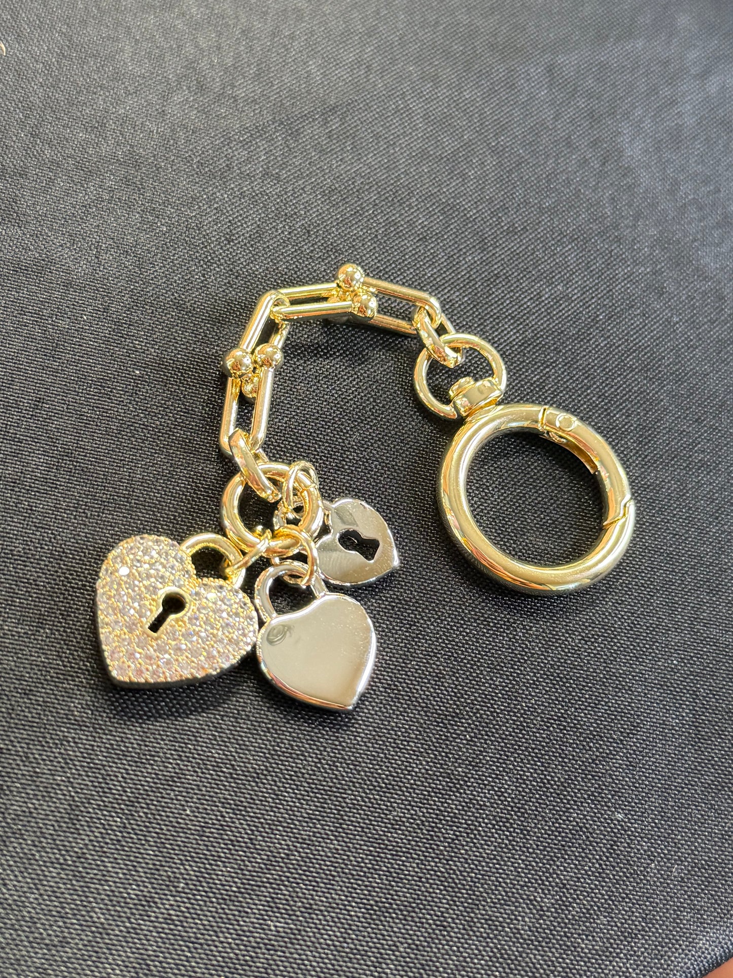 2 tone pavé cz heart lock key chain