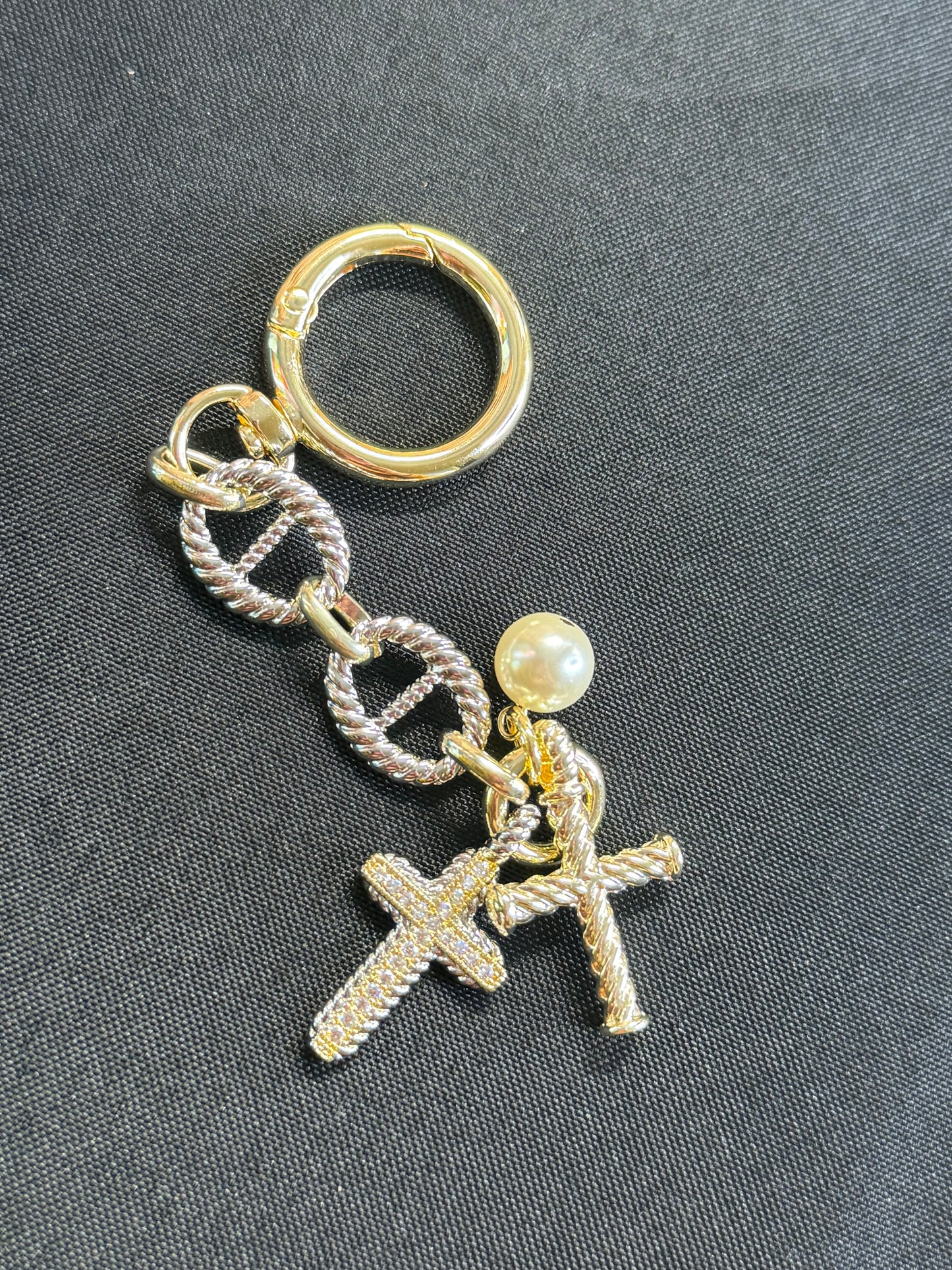 2 tone cross and pearl key chain