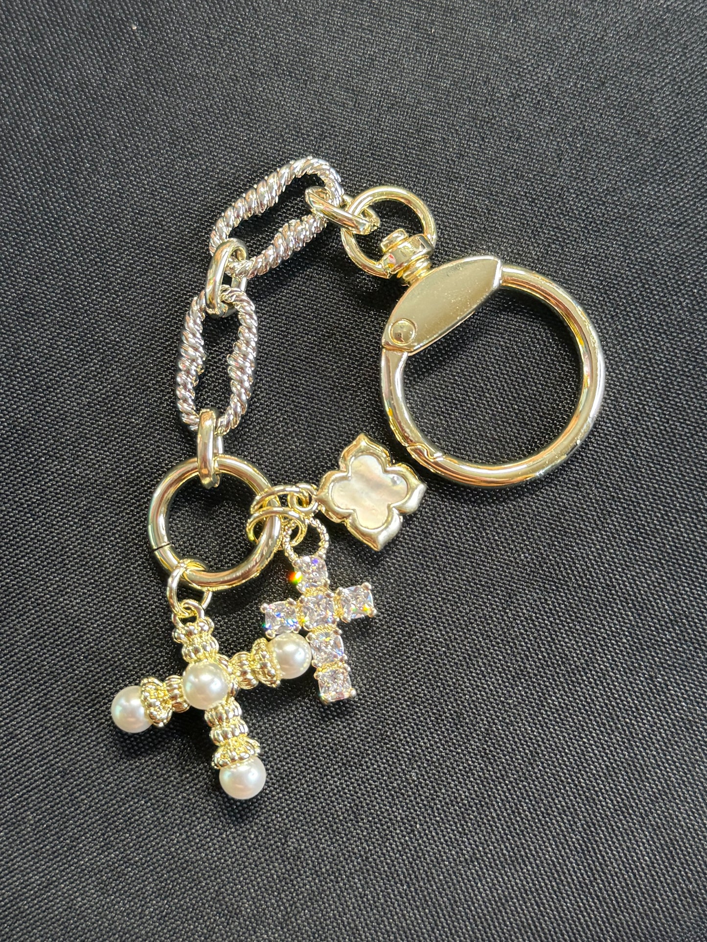2 tone pearl cross and cz cross key chain
